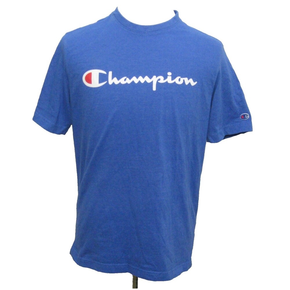 Champion Logo T-Shirt Mens Large Blue Short Sleeve Spellout Graphic Cotton Top
